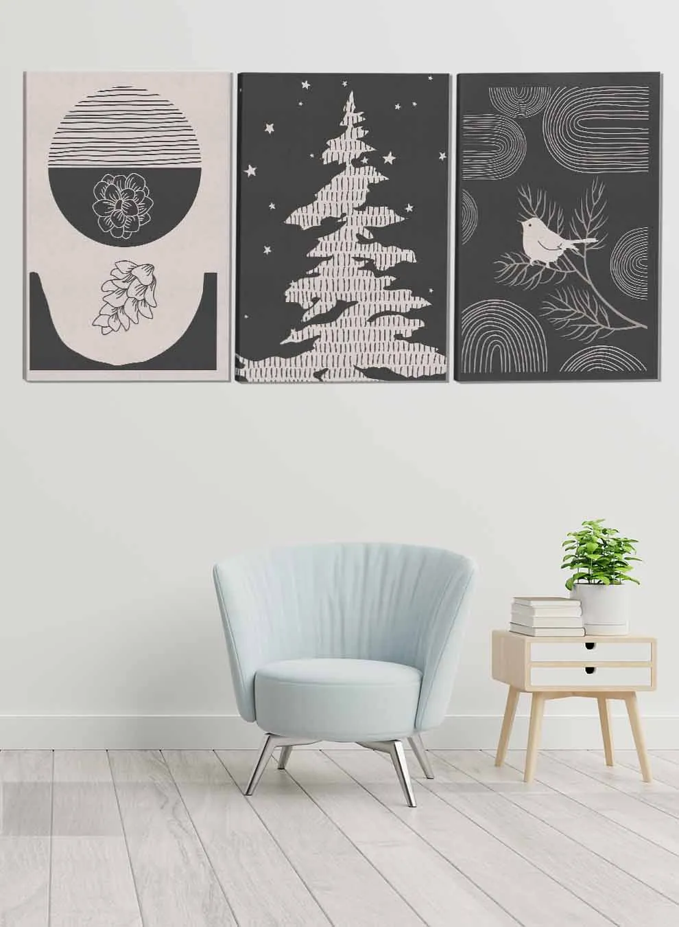 Pine Bird And Flowers Abstract Paintings(set of 3)