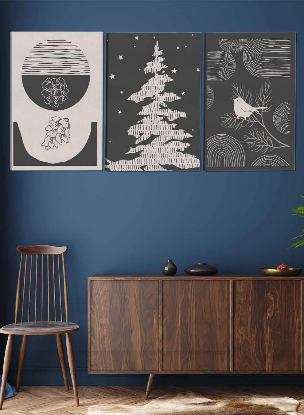 Pine Bird And Flowers Abstract Paintings(set of 3)