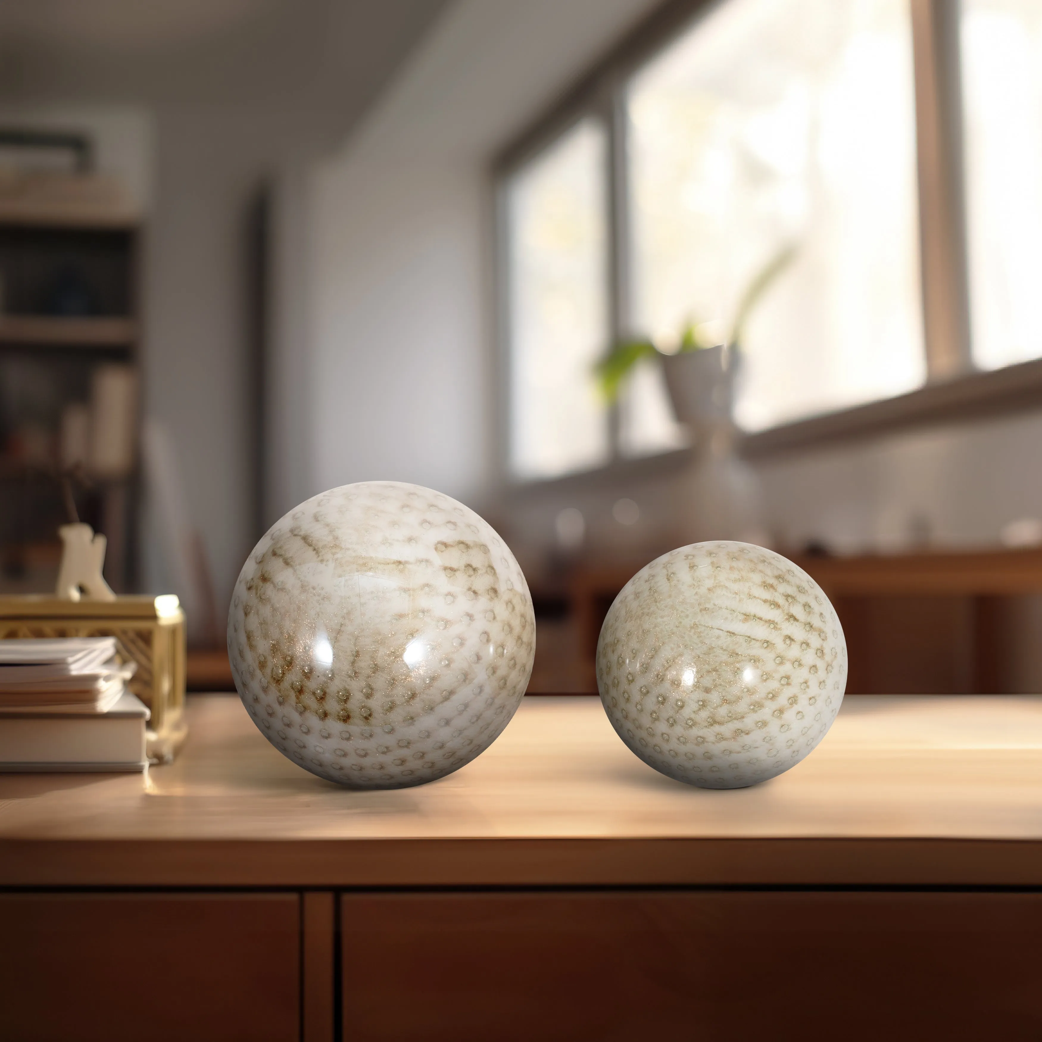 S/2 5/6" Meira Ivory Swirl Spheres