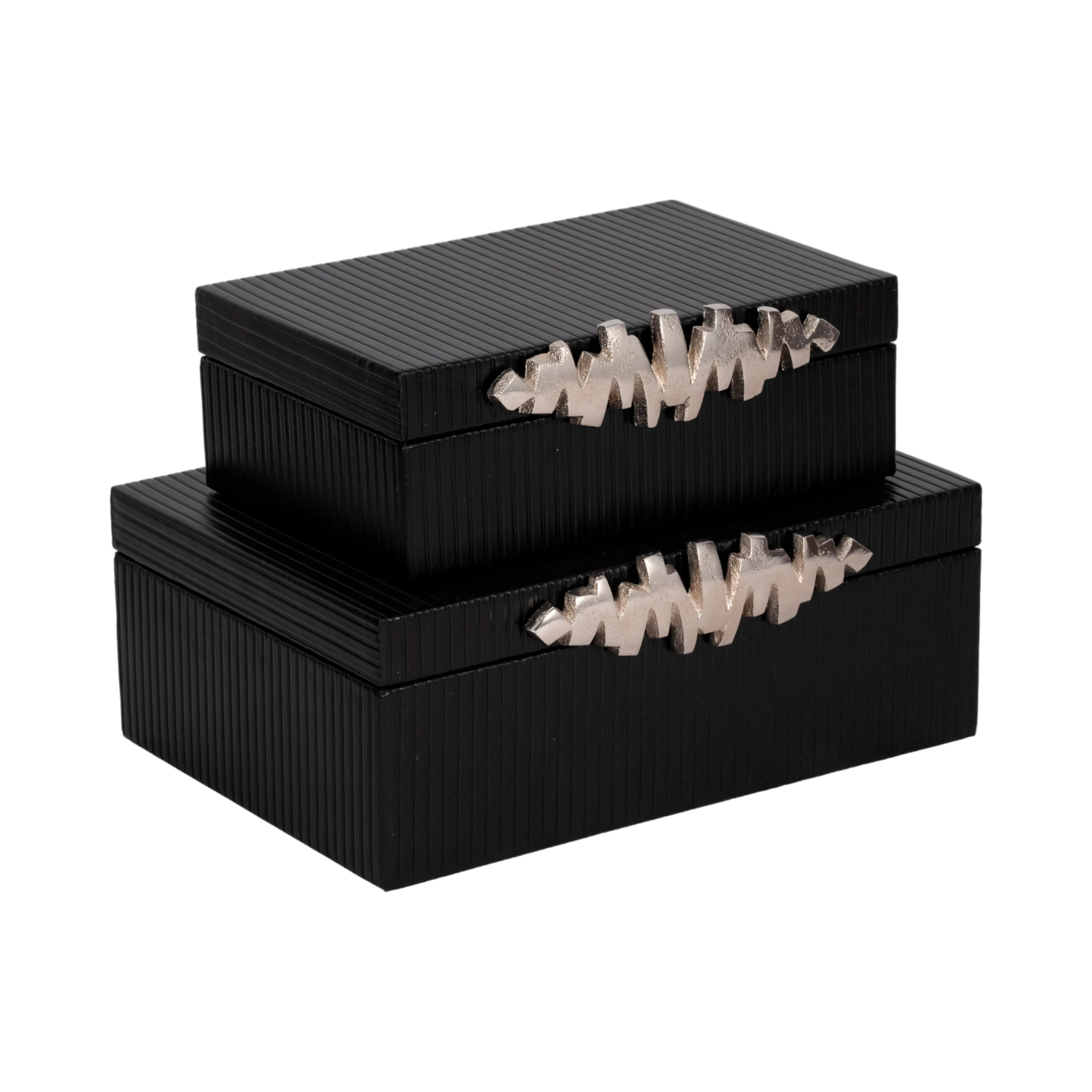 S/2 9/11" Boxes With Lines & Silver Handle, Black