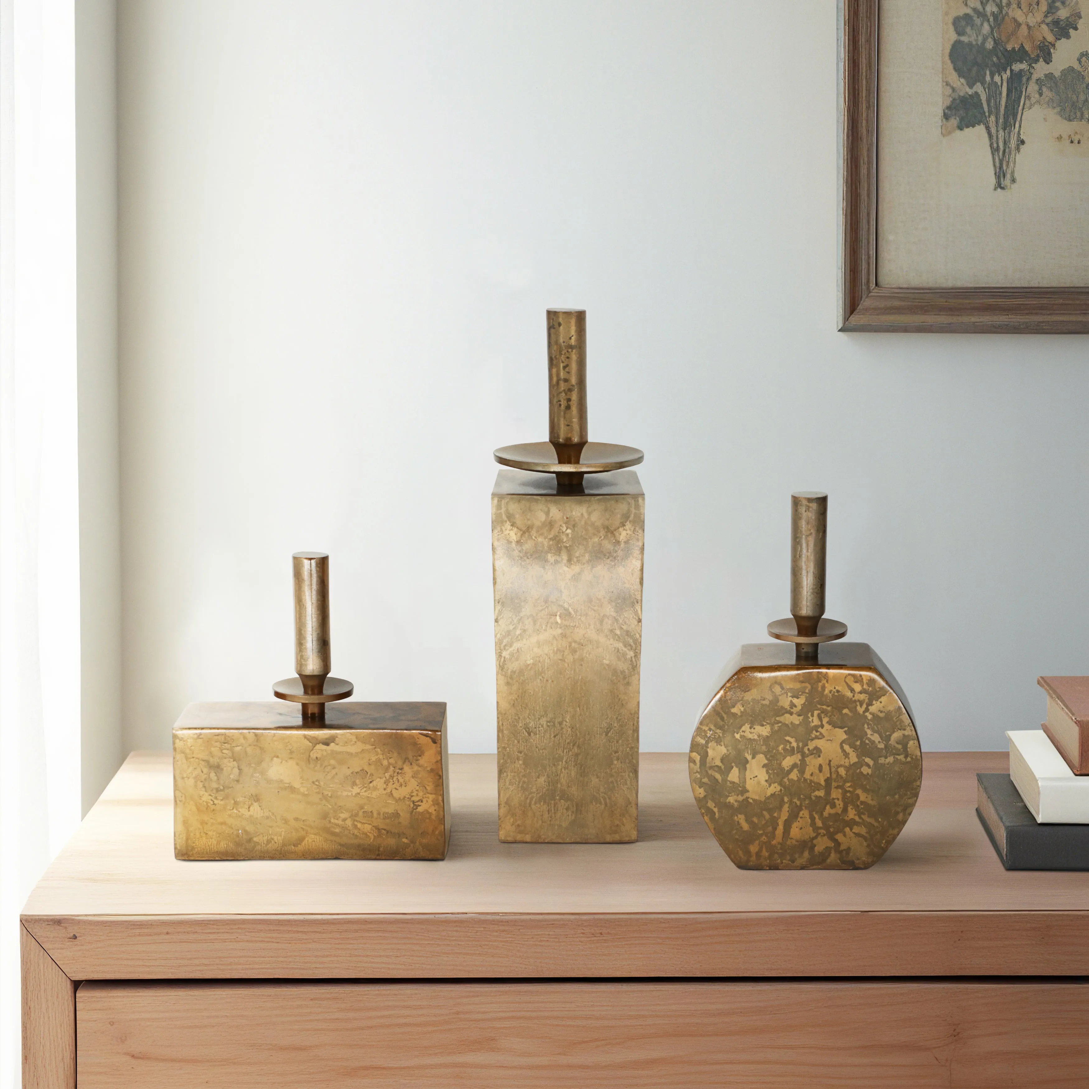 S/3 10/10/14" Reims Antique Gold Bottles