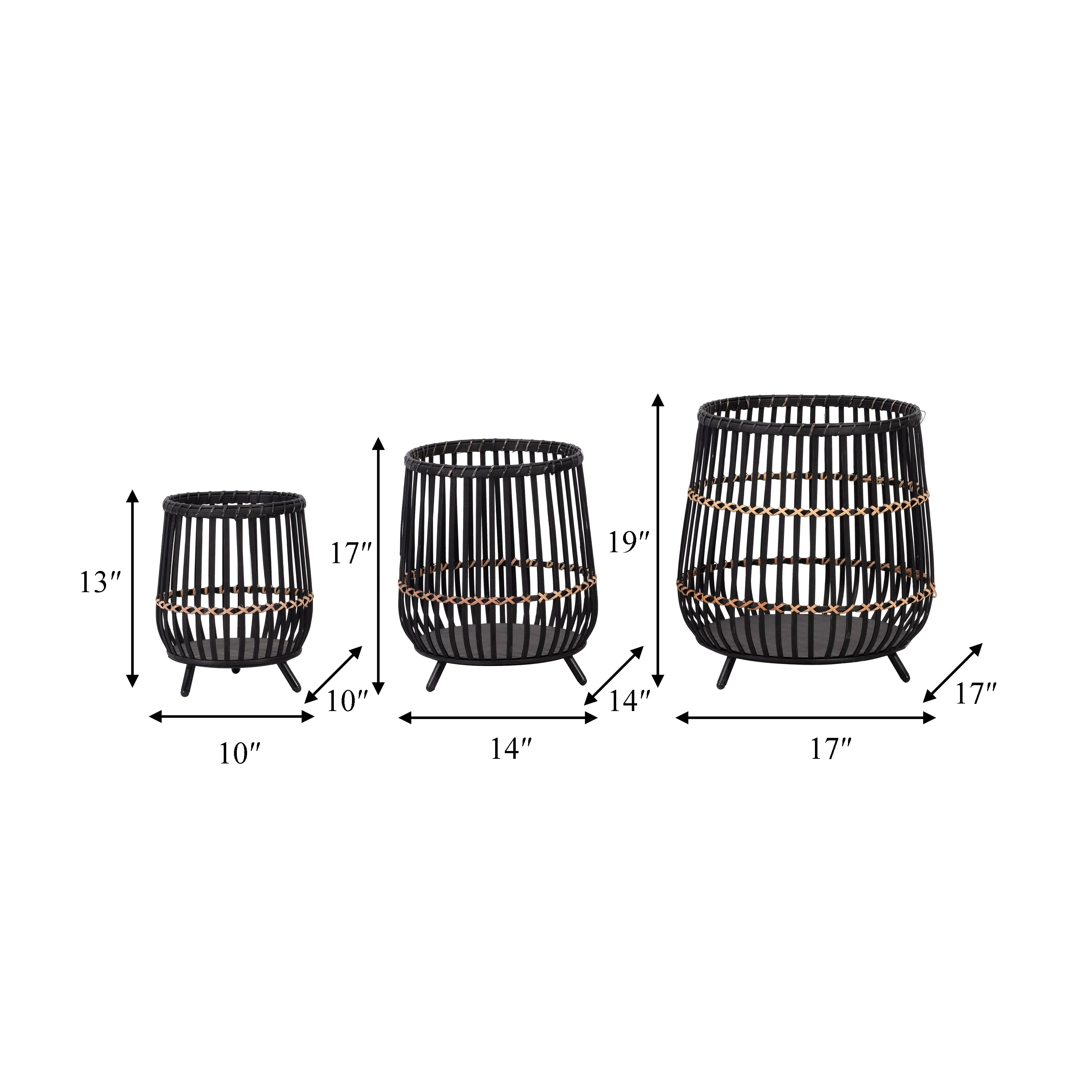 S/3 BAMBOO FOOTED PLANTERS 17/14/10", BLACK