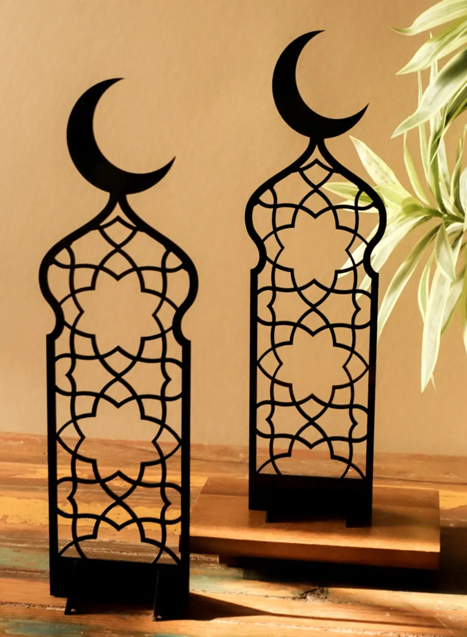 Set of 2 Acrylic Decor Stands in Ramadan Crescent Shape with Islamic Pattern