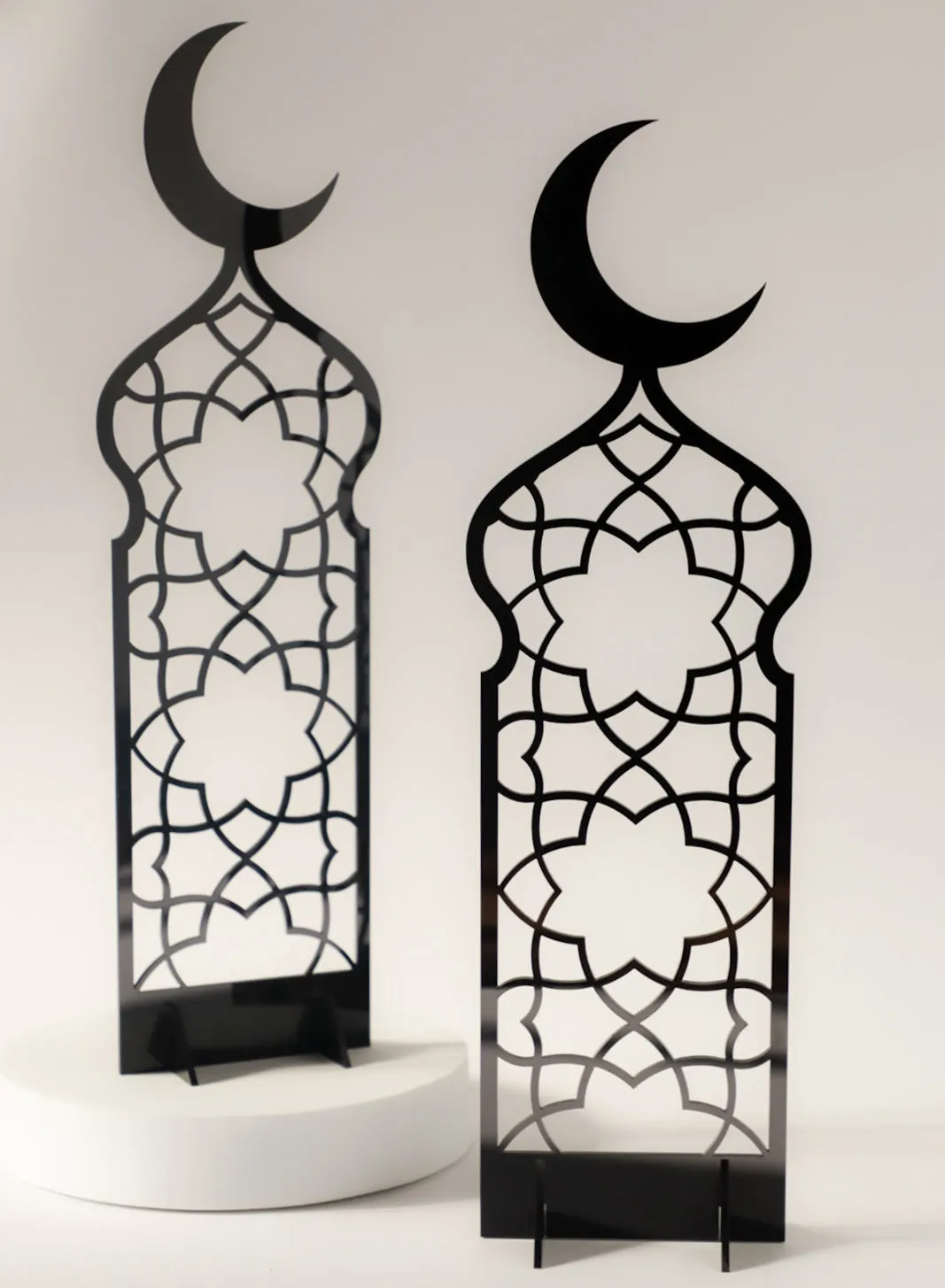 Set of 2 Acrylic Decor Stands in Ramadan Crescent Shape with Islamic Pattern
