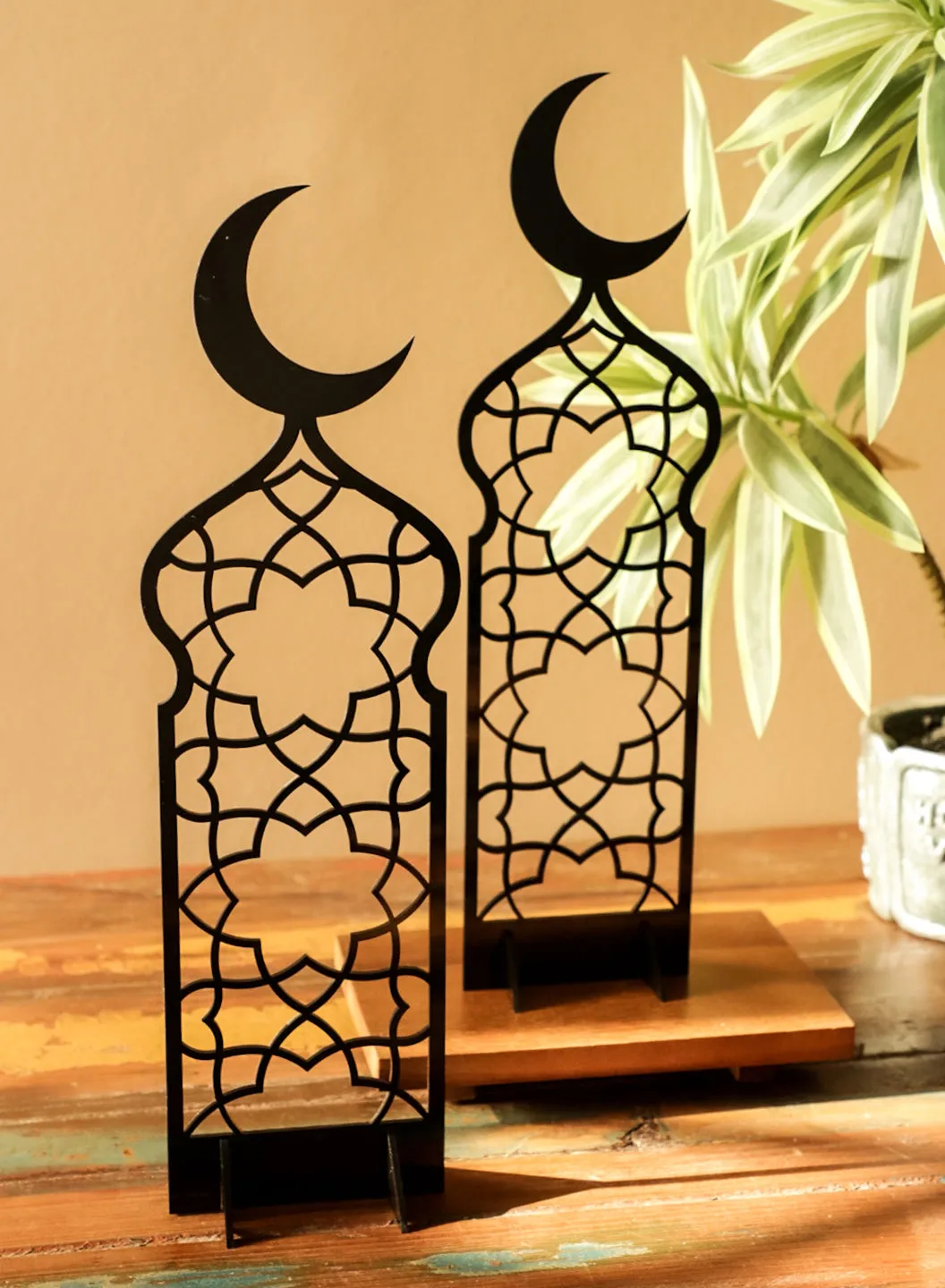 Set of 2 Acrylic Decor Stands in Ramadan Crescent Shape with Islamic Pattern