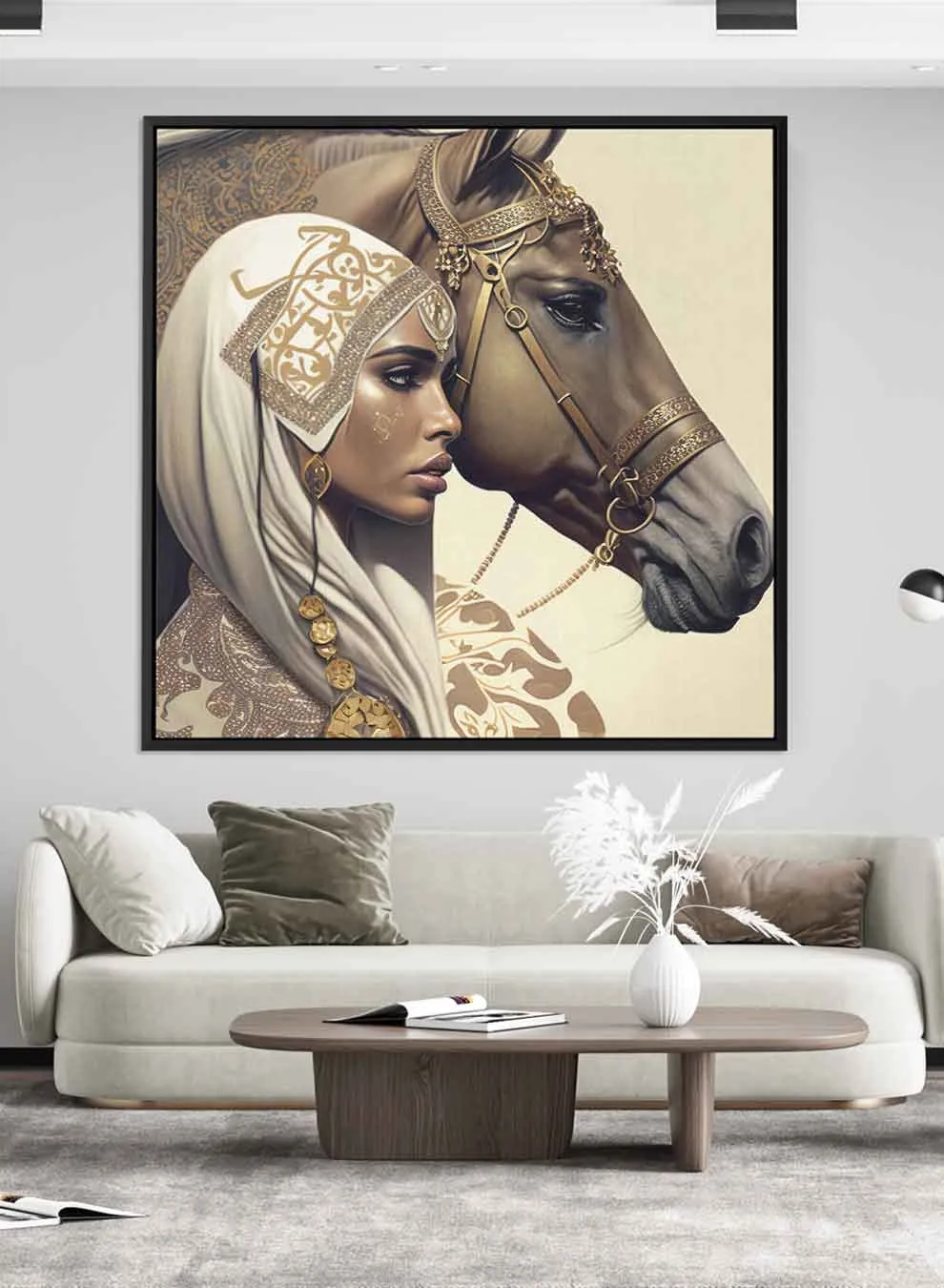 Square Canvas Wall Art Stretched Over Wooden Frame with Black Floating Frame and Arab Woman With Horse Painting