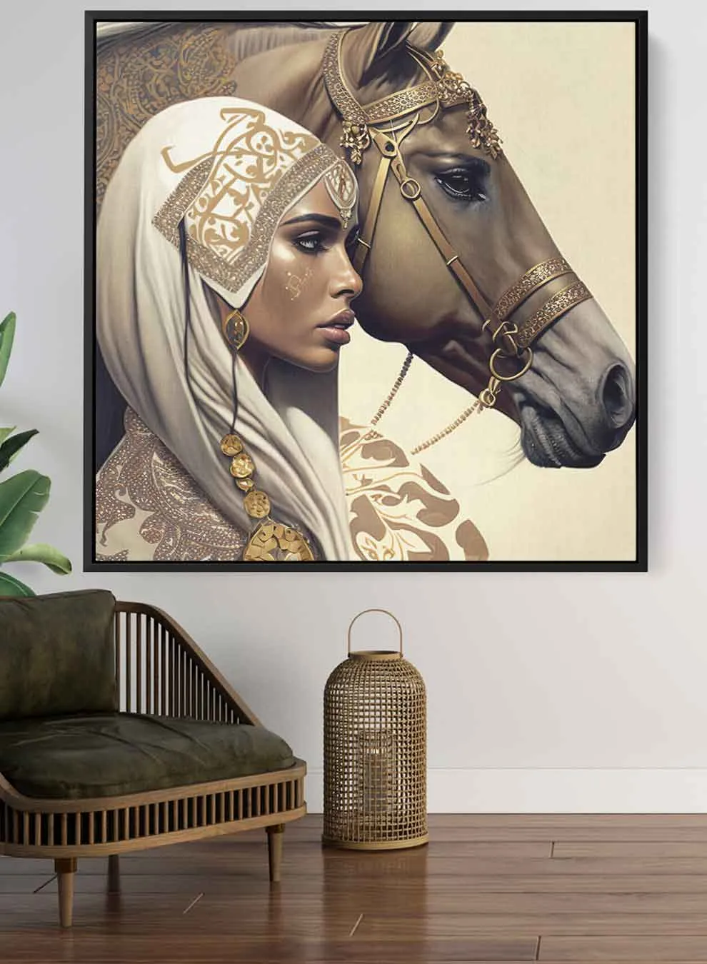 Square Canvas Wall Art Stretched Over Wooden Frame with Black Floating Frame and Arab Woman With Horse Painting