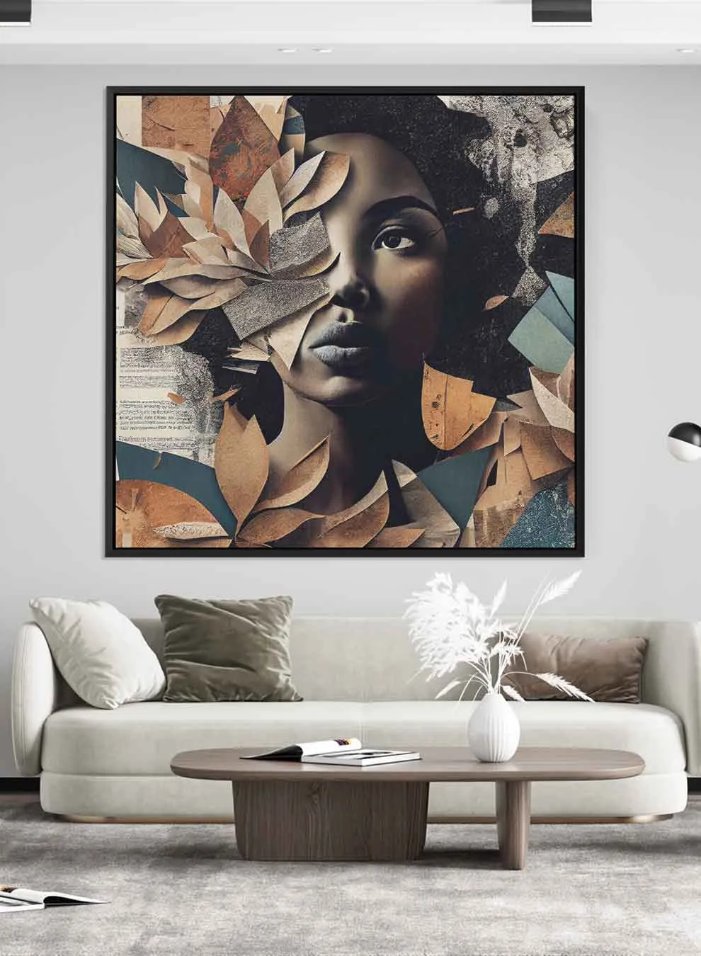 Square Canvas Wall Art Stretched Over Wooden Frame with Black Floating Frame and Elegant Lady With Autumn Leaves Painting