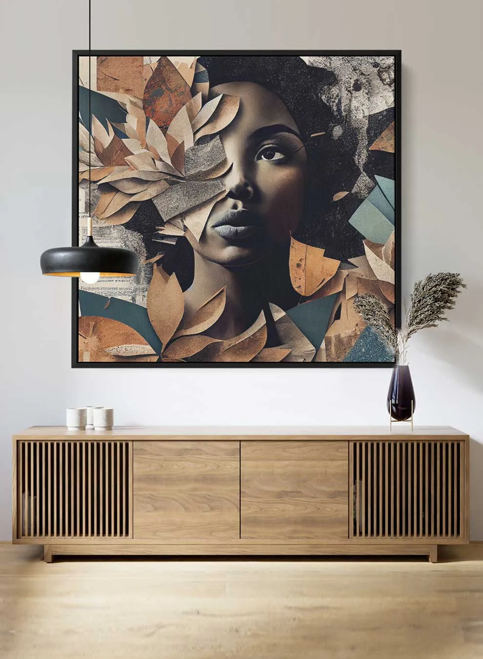 Square Canvas Wall Art Stretched Over Wooden Frame with Black Floating Frame and Elegant Lady With Autumn Leaves Painting