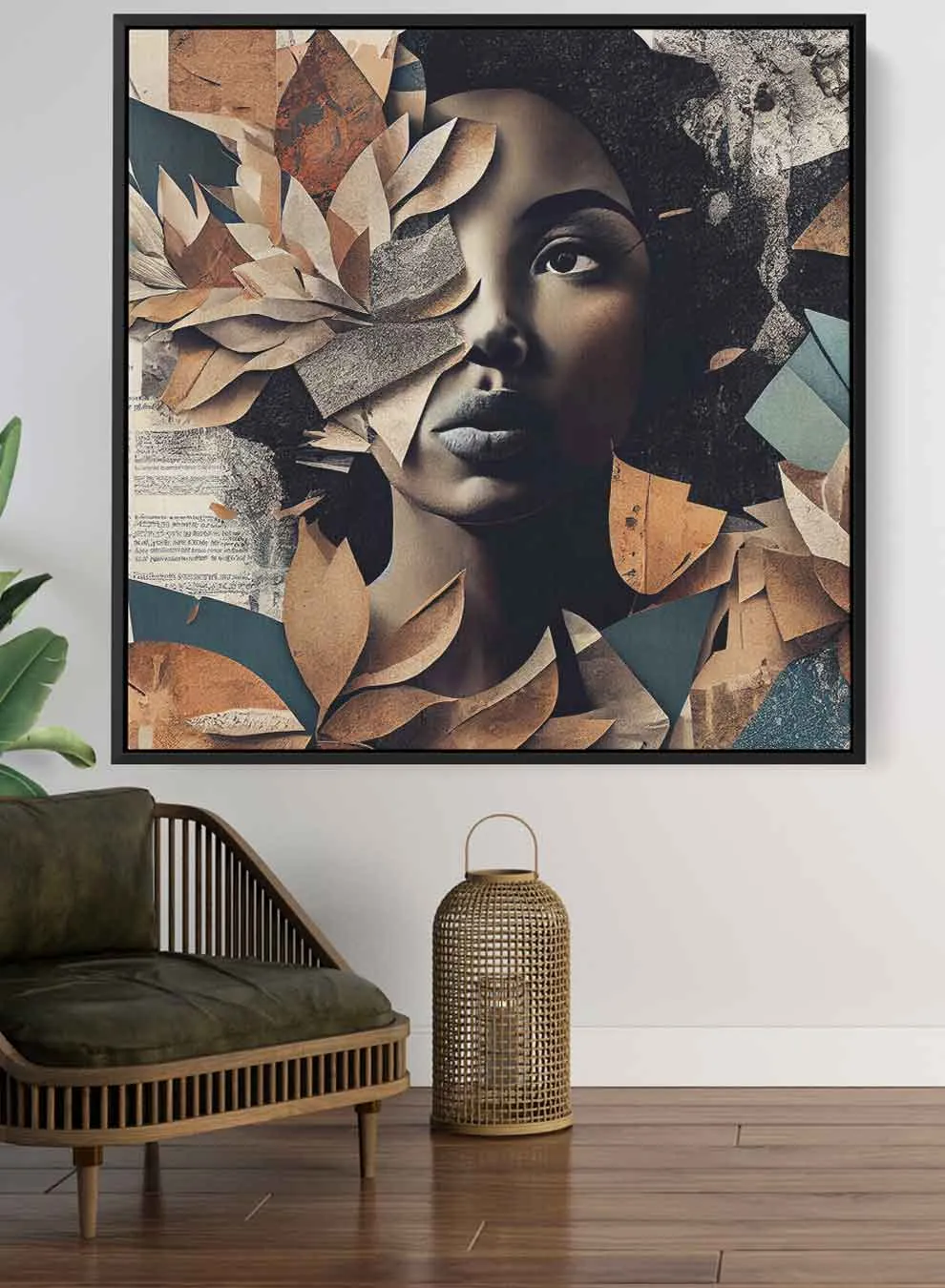 Square Canvas Wall Art Stretched Over Wooden Frame with Black Floating Frame and Elegant Lady With Autumn Leaves Painting