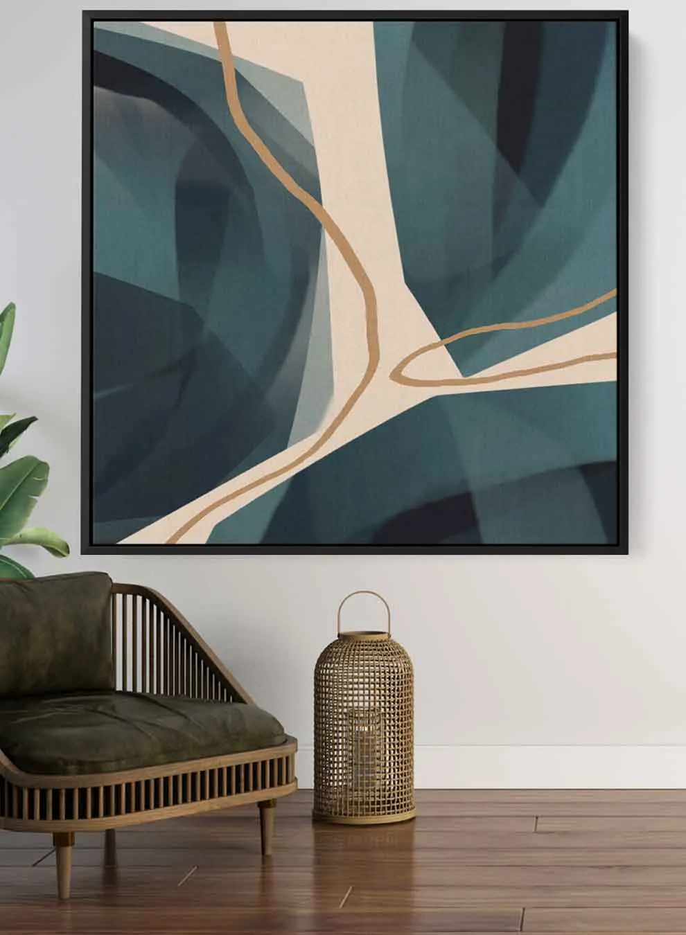 Square Canvas Wall Art Stretched Over Wooden Frame with Black Floating Frame and Elegant Pearls Abstract Painting