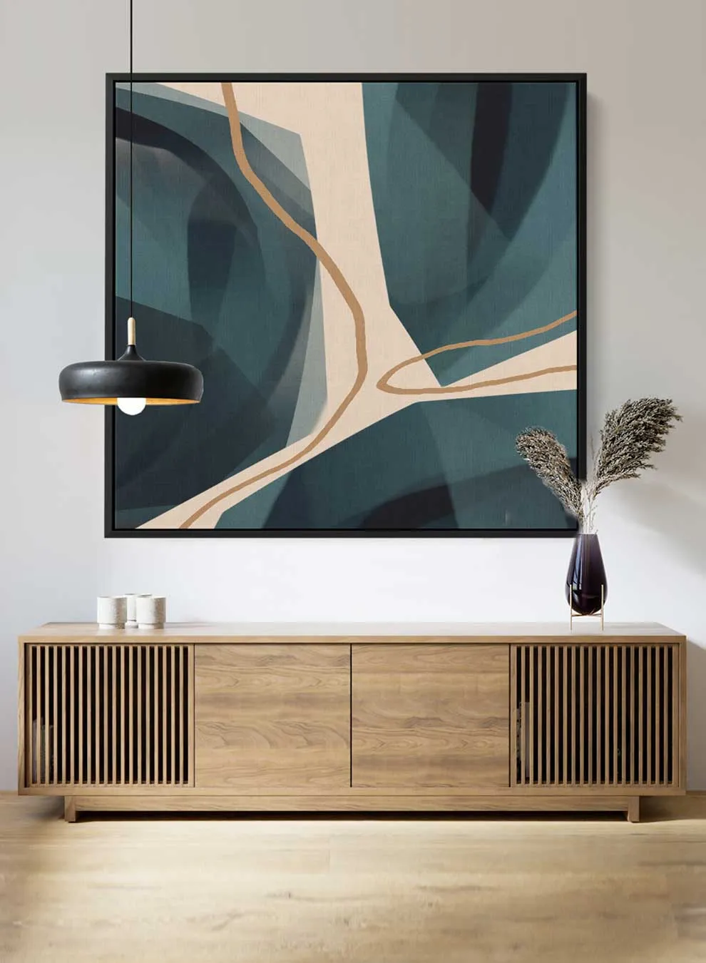 Square Canvas Wall Art Stretched Over Wooden Frame with Black Floating Frame and Elegant Pearls Abstract Painting