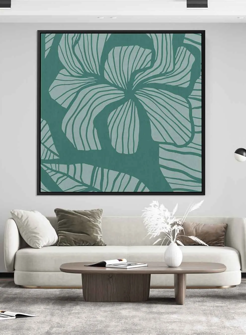 Square Canvas Wall Art Stretched Over Wooden Frame with Black Floating Frame and Floral Art Pattern Painting