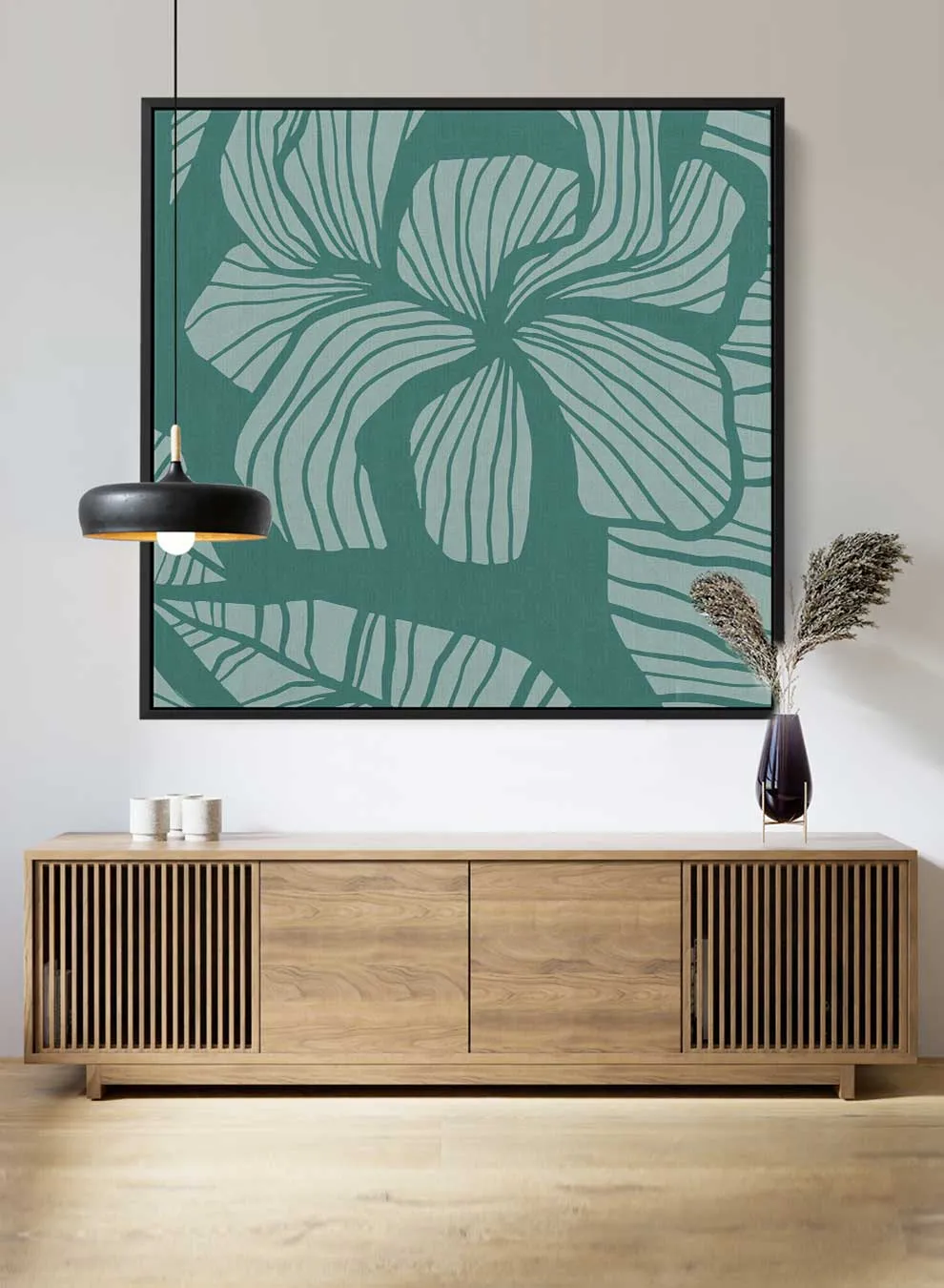 Square Canvas Wall Art Stretched Over Wooden Frame with Black Floating Frame and Floral Art Pattern Painting