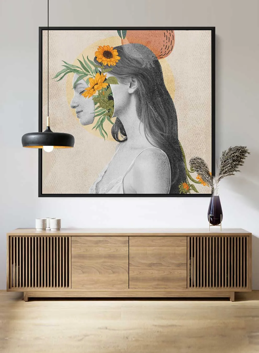 Square Canvas Wall Art Stretched Over Wooden Frame with Black Floating Frame and Girl With Flowers Painting