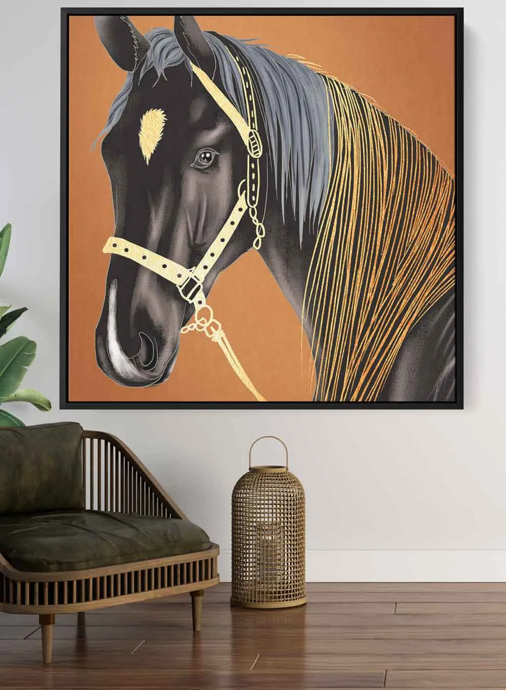 Square Canvas Wall Art Stretched Over Wooden Frame with Black Floating Frame and Horse Abstract Painting