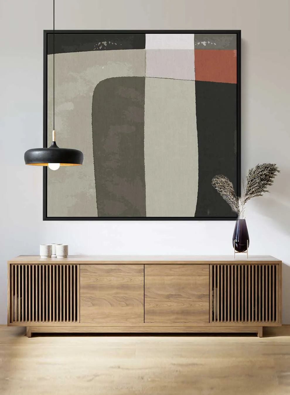 Square Canvas Wall Art Stretched Over Wooden Frame with Black Floating Frame and Scandinavian Abstract Art Painting