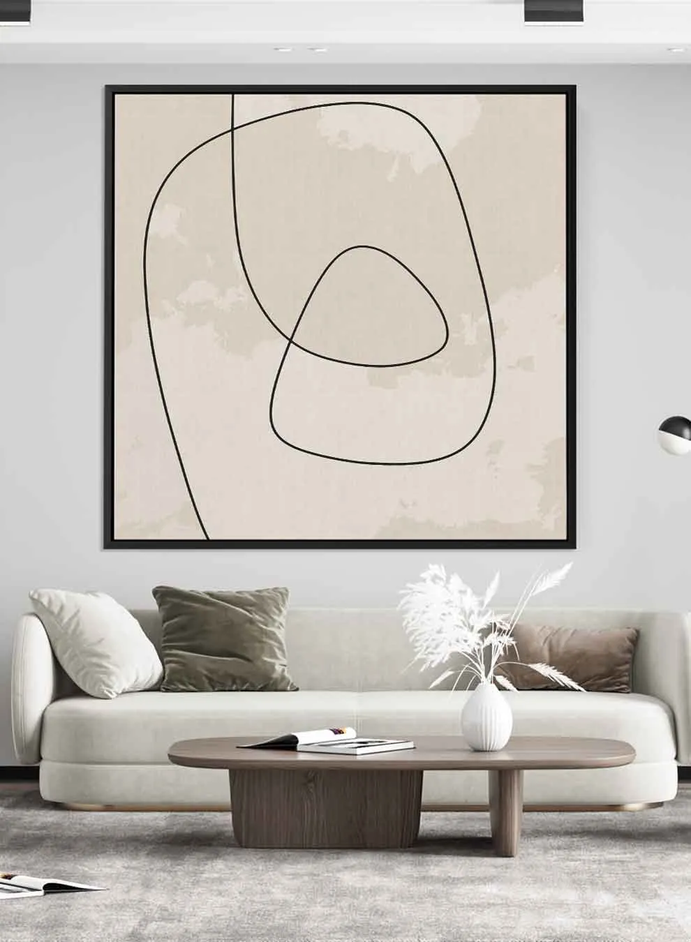 Square Canvas Wall Art Stretched Over Wooden Frame with Black Floating Frame and Scandinavian Abstract Painting