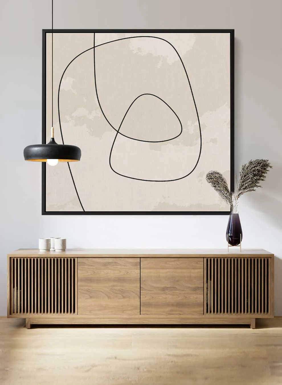 Square Canvas Wall Art Stretched Over Wooden Frame with Black Floating Frame and Scandinavian Abstract Painting