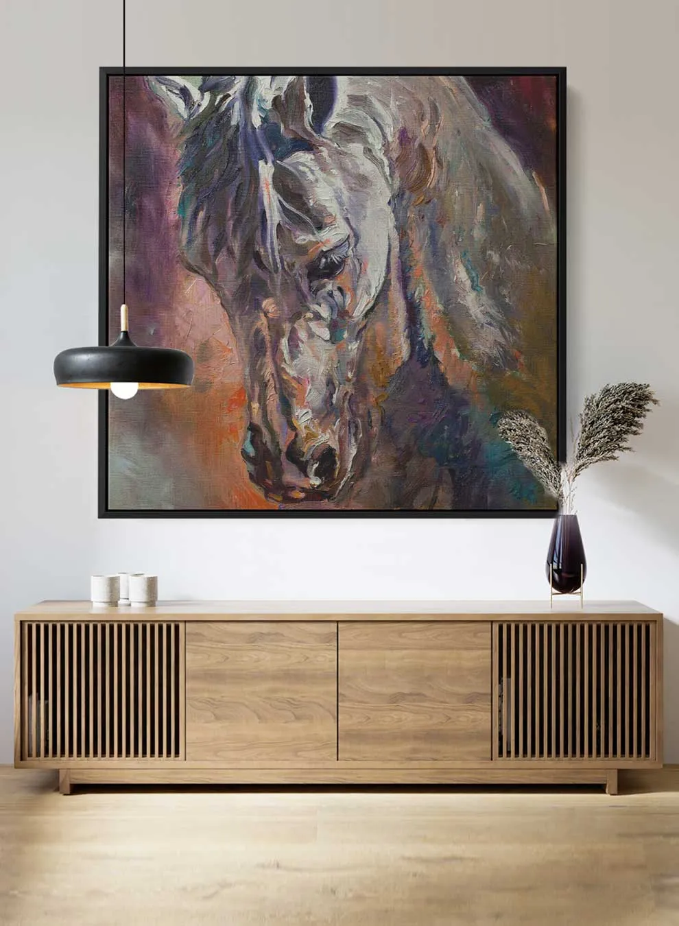 Square Canvas Wall Art Stretched Over Wooden Frame with Brown Floating Frame and Horse Head With Shiny Eyes Painting