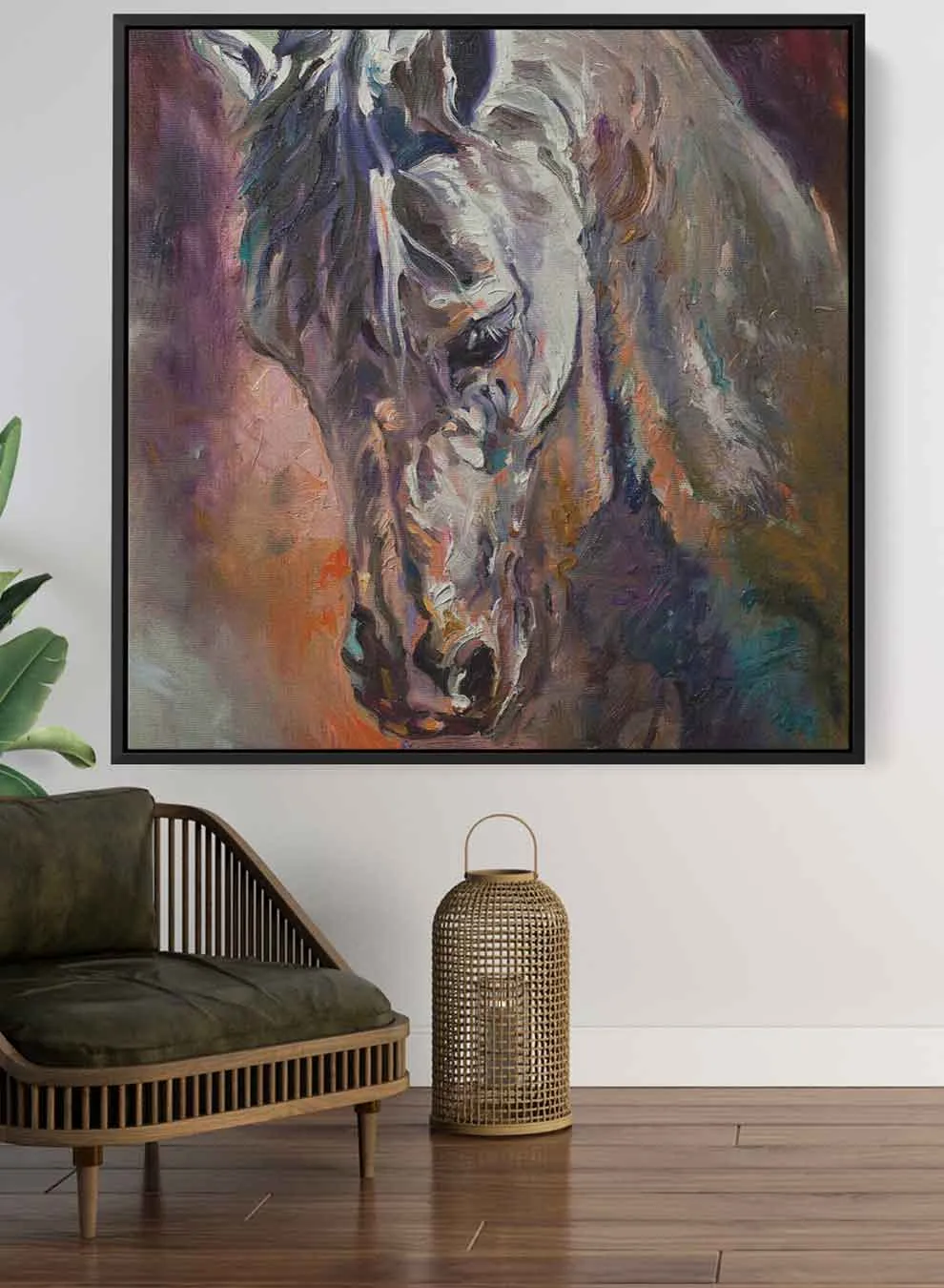 Square Canvas Wall Art Stretched Over Wooden Frame with Brown Floating Frame and Horse Head With Shiny Eyes Painting
