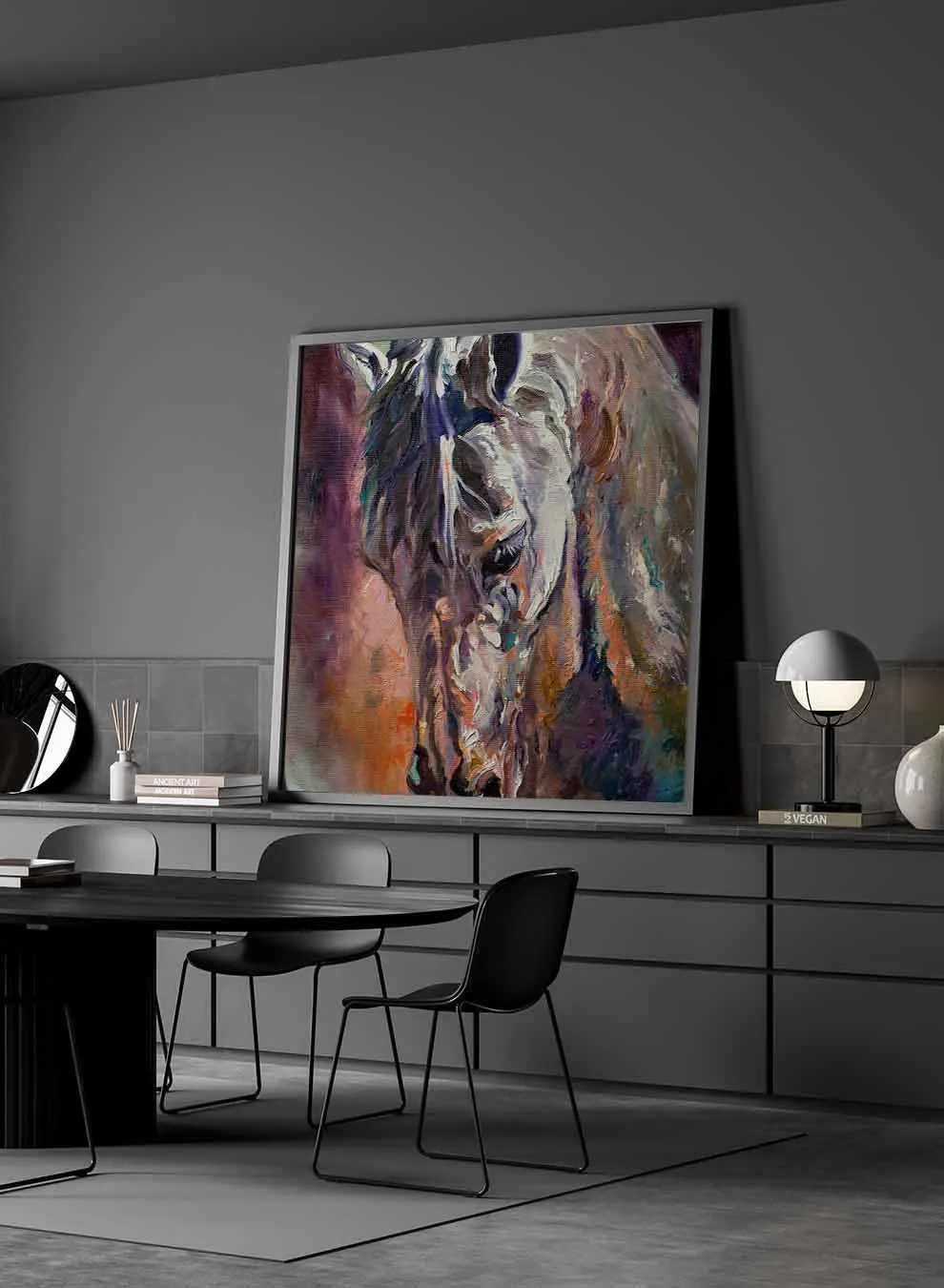 Square Canvas Wall Art Stretched Over Wooden Frame with Brown Floating Frame and Horse Head With Shiny Eyes Painting