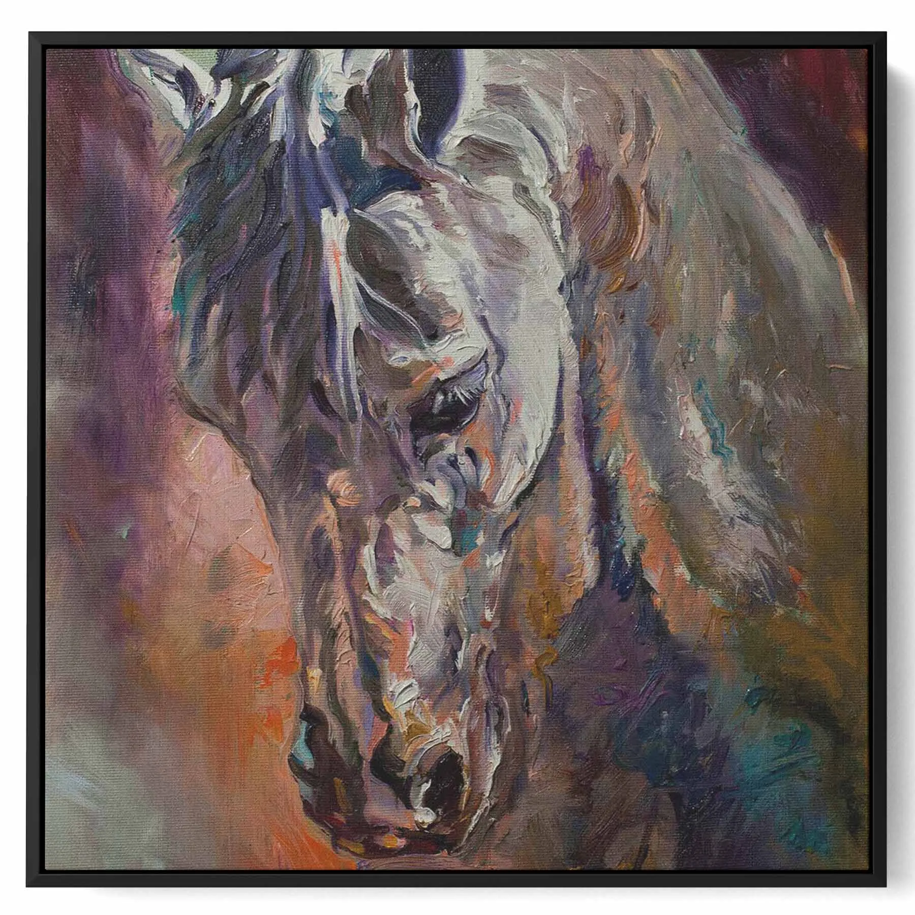 Square Canvas Wall Art Stretched Over Wooden Frame with Brown Floating Frame and Horse Head With Shiny Eyes Painting