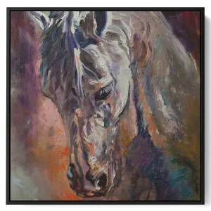 Square Canvas Wall Art Stretched Over Wooden Frame with Brown Floating Frame and Horse Head With Shiny Eyes Painting