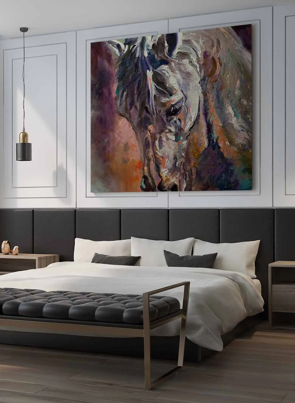 Square Canvas Wall Art Stretched Over Wooden Frame with Brown Floating Frame and Horse Head With Shiny Eyes Painting