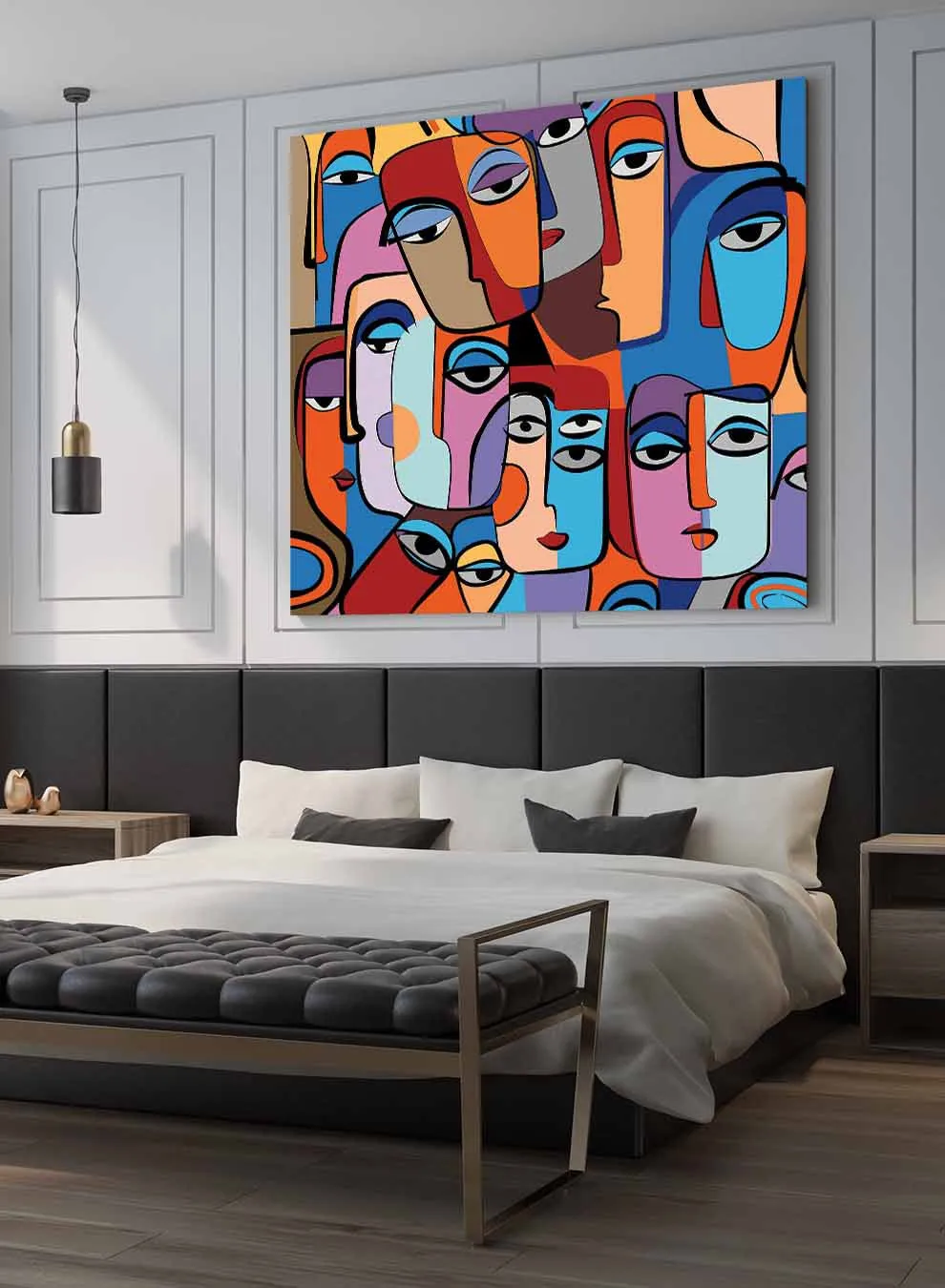 Square Canvas Wall Art Stretched Over Wooden Frame with Gold Floating Frame and Colourful Oil Painting