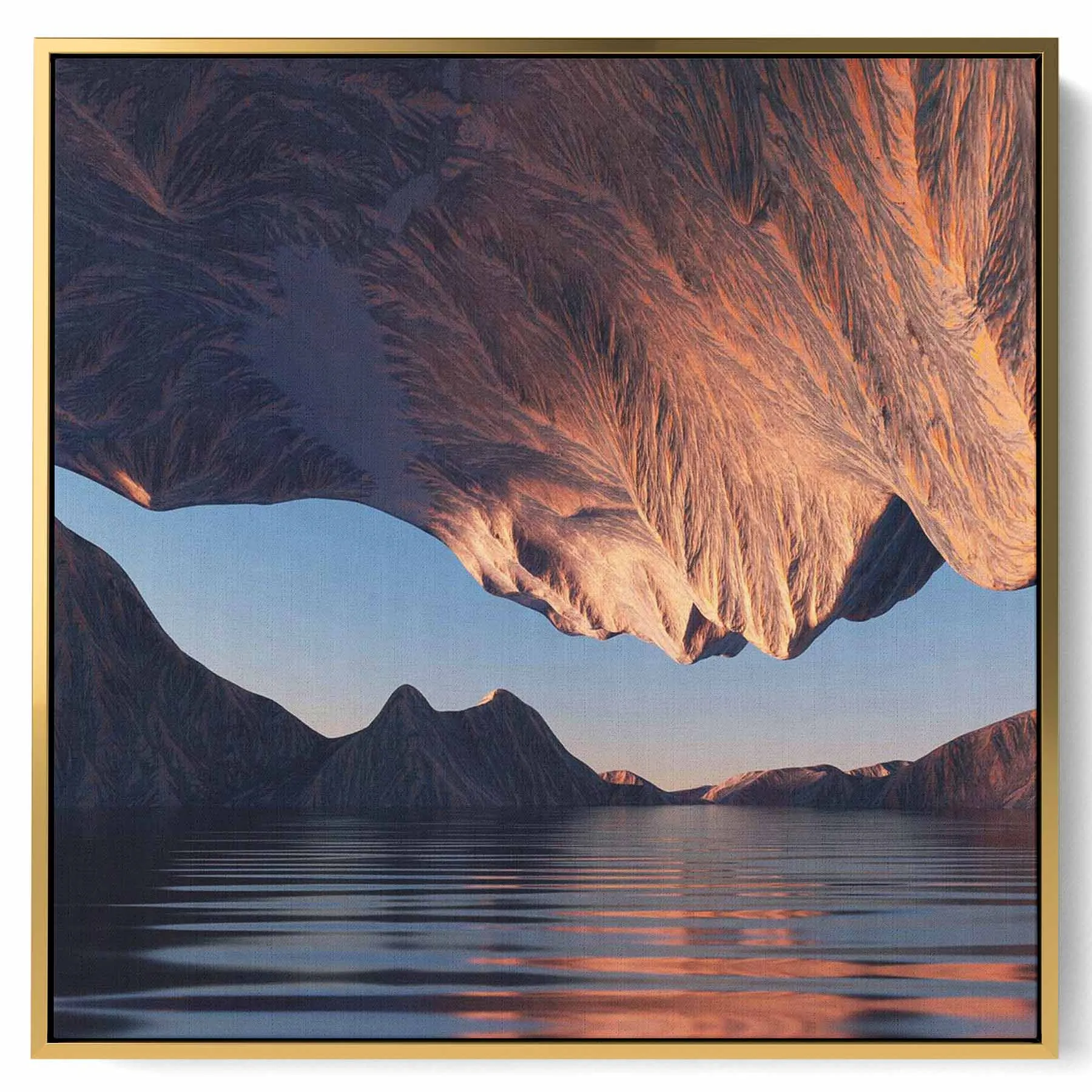 Square Canvas Wall Art Stretched Over Wooden Frame with Gold Floating Frame and Golden Woods Abstract Painting