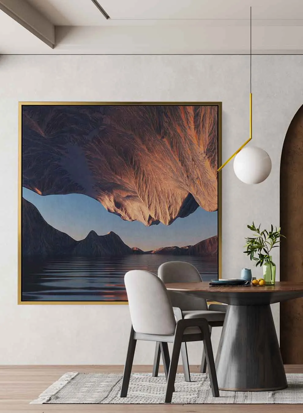 Square Canvas Wall Art Stretched Over Wooden Frame with Gold Floating Frame and Golden Woods Abstract Painting