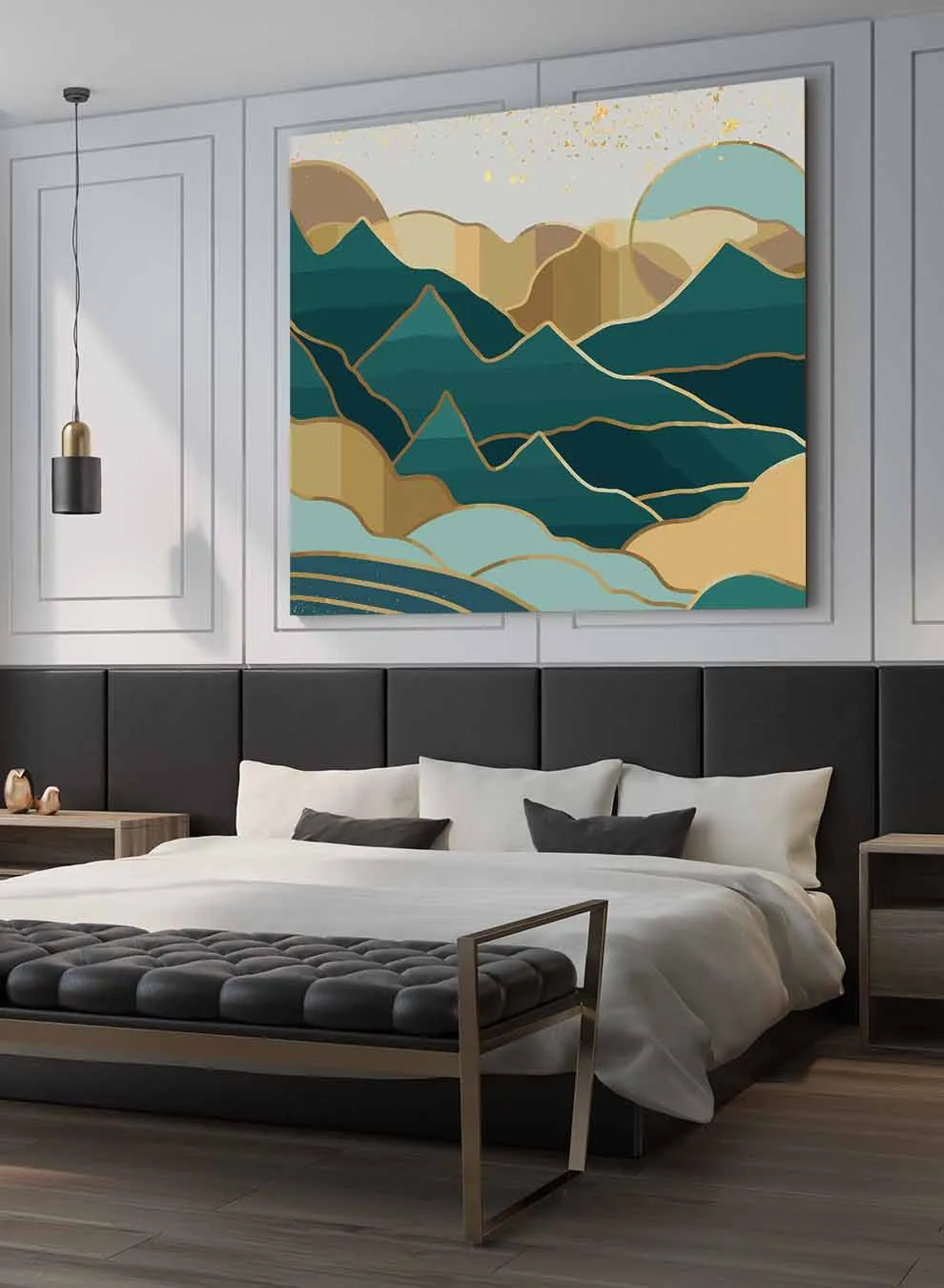 Square Canvas Wall Art Stretched Over Wooden Frame with Gold Floating Frame and Sky Glitch Abstract Painting