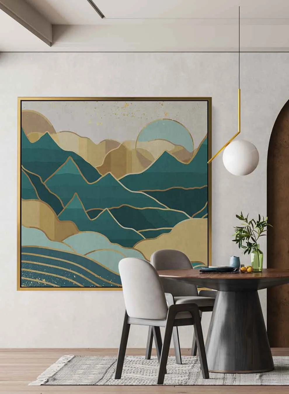 Square Canvas Wall Art Stretched Over Wooden Frame with Gold Floating Frame and Sky Glitch Abstract Painting