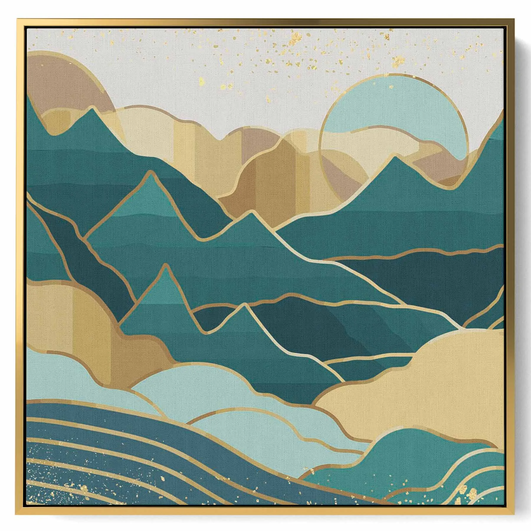 Square Canvas Wall Art Stretched Over Wooden Frame with Gold Floating Frame and Sky Glitch Abstract Painting
