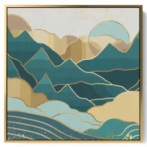 Square Canvas Wall Art Stretched Over Wooden Frame with Gold Floating Frame and Sky Glitch Abstract Painting