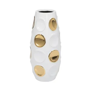 Stoneware, 13" Circle Embossed Vase, White/gold