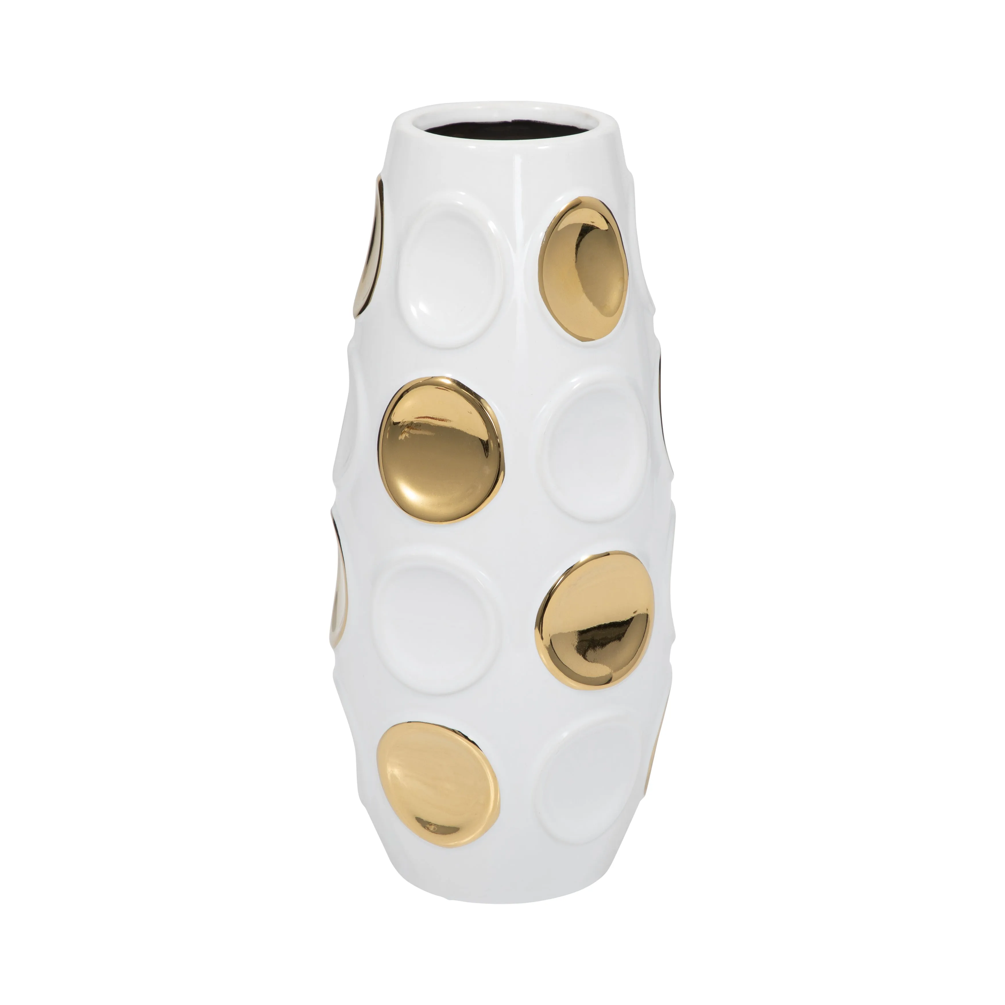 Stoneware, 13" Circle Embossed Vase, White/gold
