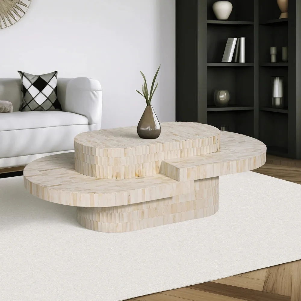 WOOD, 49" CARVED INLAY COFFEE TABLE, NATURAL