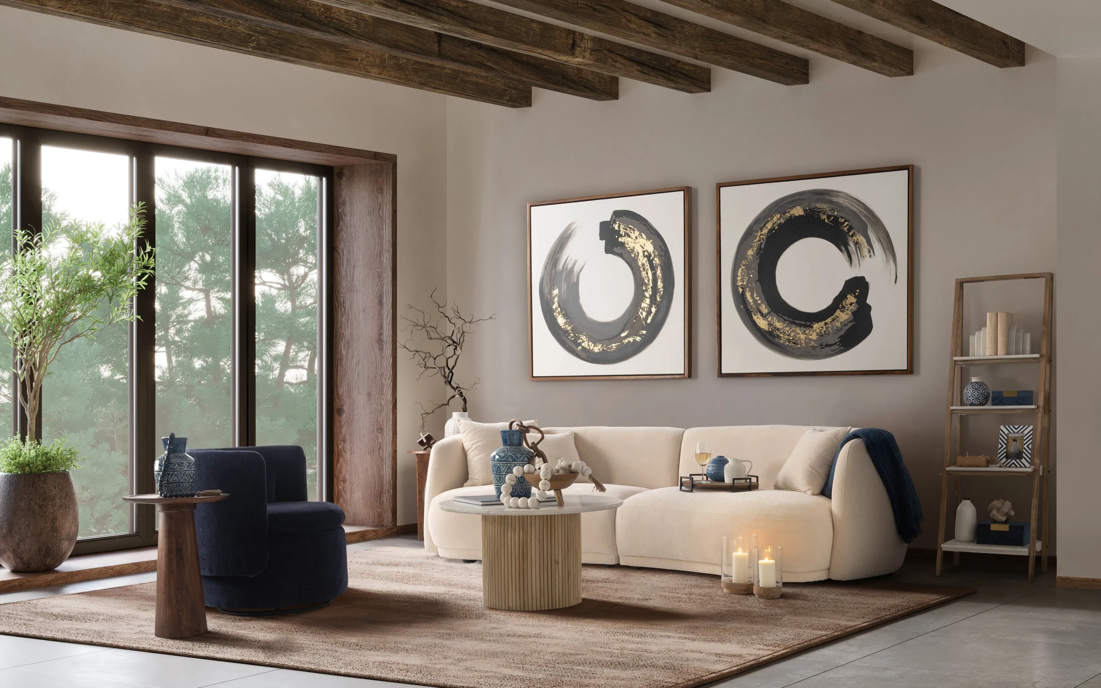 Wood/Marble, 34"D Reeded, Coffee Table, Nat/Wh Kd