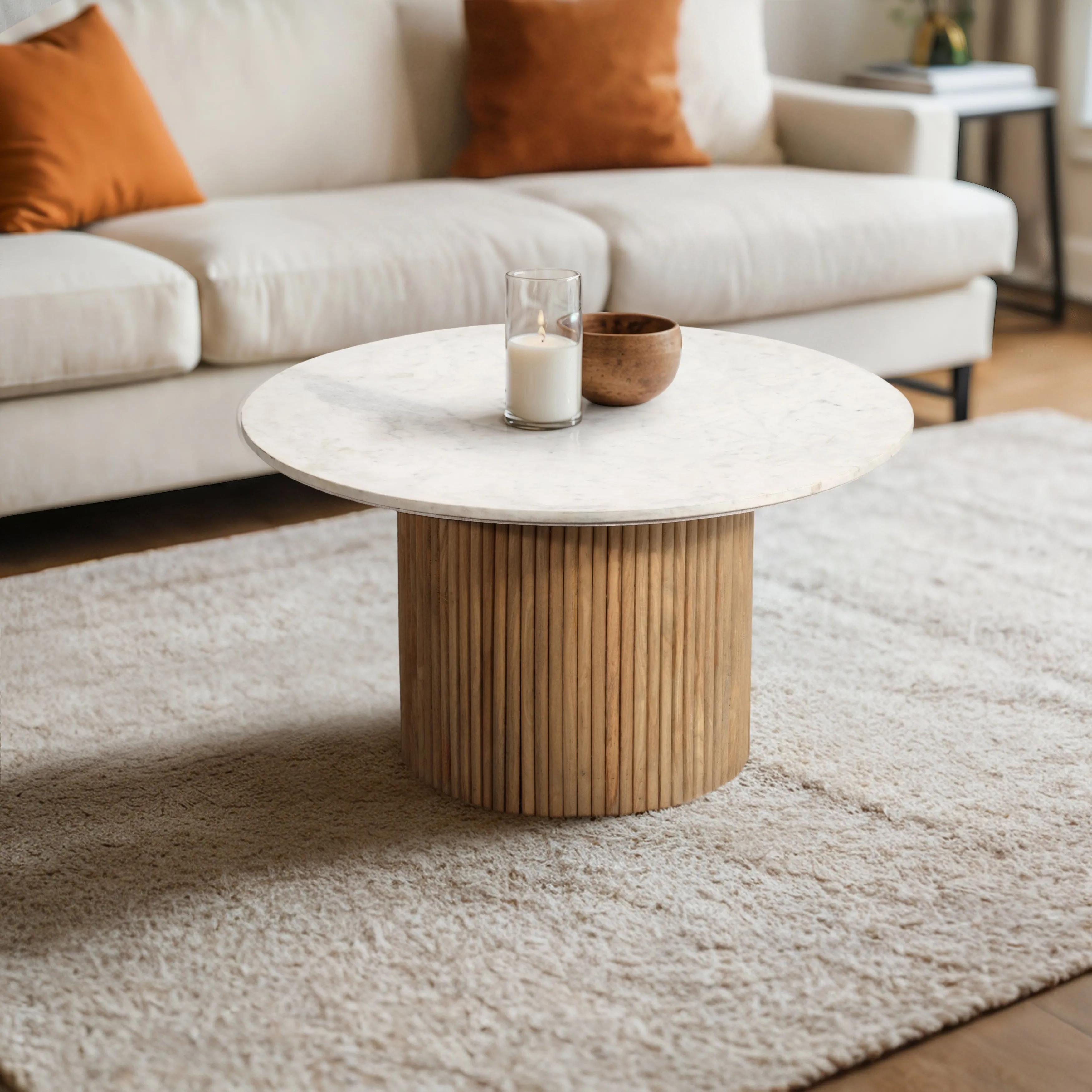 Wood/Marble, 34"D Reeded, Coffee Table, Nat/Wh Kd